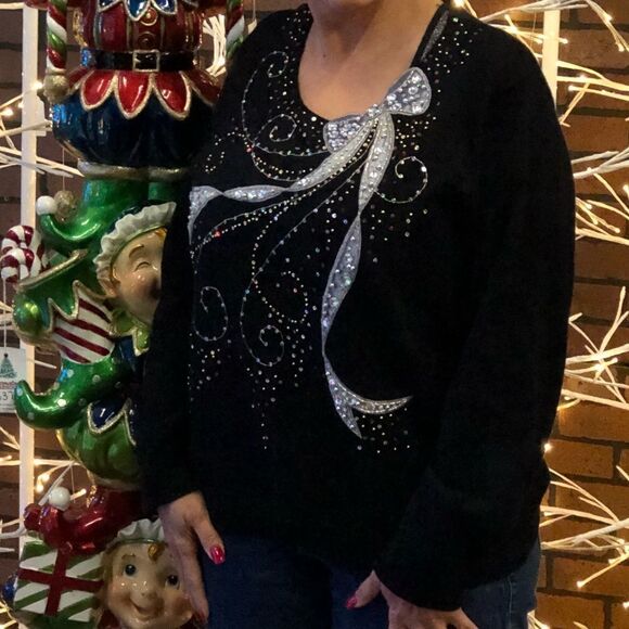 FESTIVE Bow Sparkle Top black sweater w/silver - Picture 2 of 7